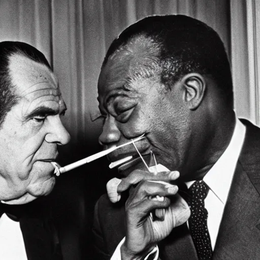 Image similar to richard nixon and louis armstrong smoking marijuana, photography, black and white, 8 k, crisp, highly detailed, high quality, high resolution