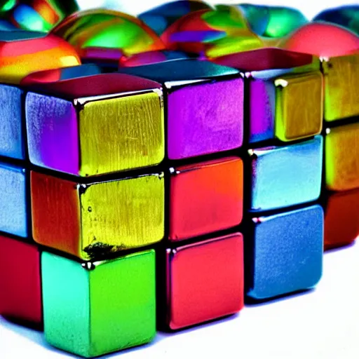 Image similar to cute arrangement of multicolored metal spheres in the shape of a cube, professional scientific technical photograph