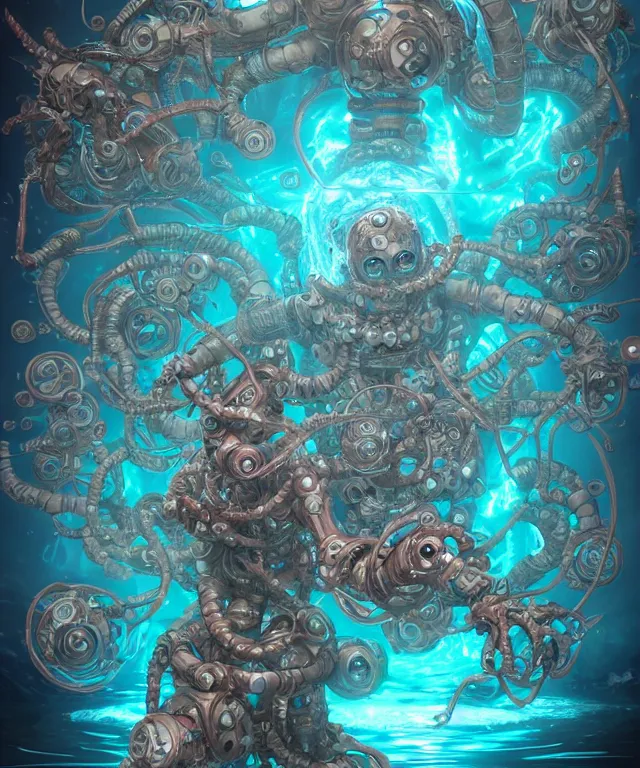 Image similar to a cyborg water demon surrounded by power sigils, centered composition, crisp 8 k line art, digital painting, artstation, unreal engine, octane render, emissive lighting, concept art, matte, sharp focus, hyper realistic lighting, illustration, art by shintaro kago and james jean