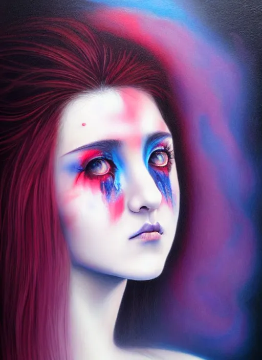 Prompt: beautiful matte airbrush portrait of a maiden with sad eyes crying on a white background, inspired by ayami kojima, 8 0's airbrush aesthetic, purple red and blue color palette, art by pater sato