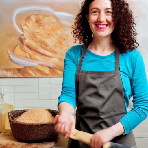 Image similar to modern oil painting of a happy woman with dark curly hair making sourdough in a bright kitchen