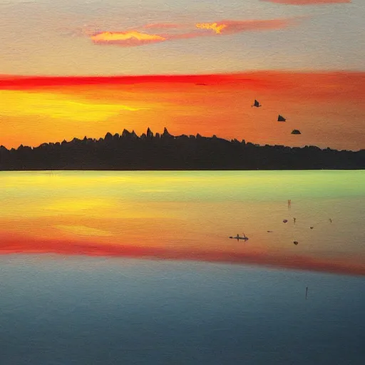 Prompt: a beautiful painting of a lake with black ink in the sunset, trending on artstation