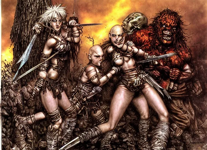 Prompt: bald barbarian girl fights goblins by Luis Royo, Richard Corben