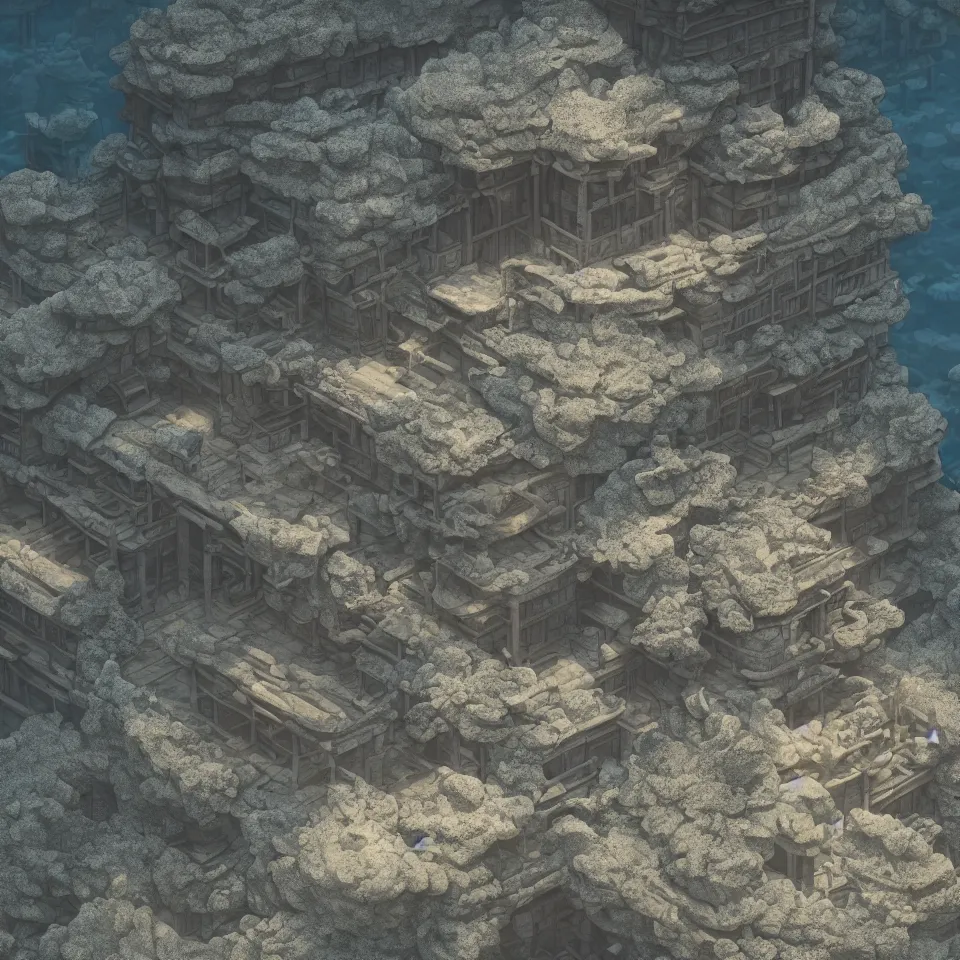 Prompt: An ancient Japanese architectural building under the sea, 8k, very high detailed, cinematic, octane render, intricate