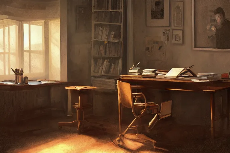 Prompt: a desk, books, a cup of coffee, computer, hyper realistic style, intricate details, digital painting, dramatic cinematic lighting by john frederick peto and lengjun