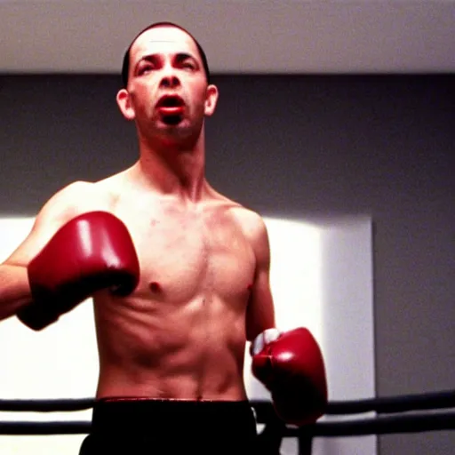Image similar to Andrew Tate boxing in American Psycho (1999)