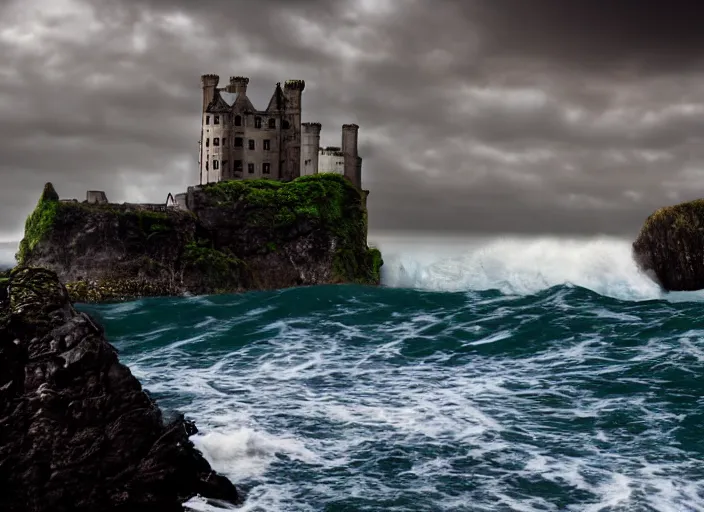 Image similar to raging ocean waves wash over a lonely gothic castle on a cliff in the background, 8 k, epic composition, oil painting, cinematic light, cloudy sky