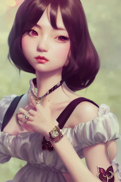 Image similar to a pin up and beautiful fashion charming dreamlke japan girl with lv jewelry, character art, art by wlop and and ilya kuvshinov, hyperdetailed, 8 k realistic, symmetrical, frostbite 3 engine, cryengine, dof, trending on artstation, digital art