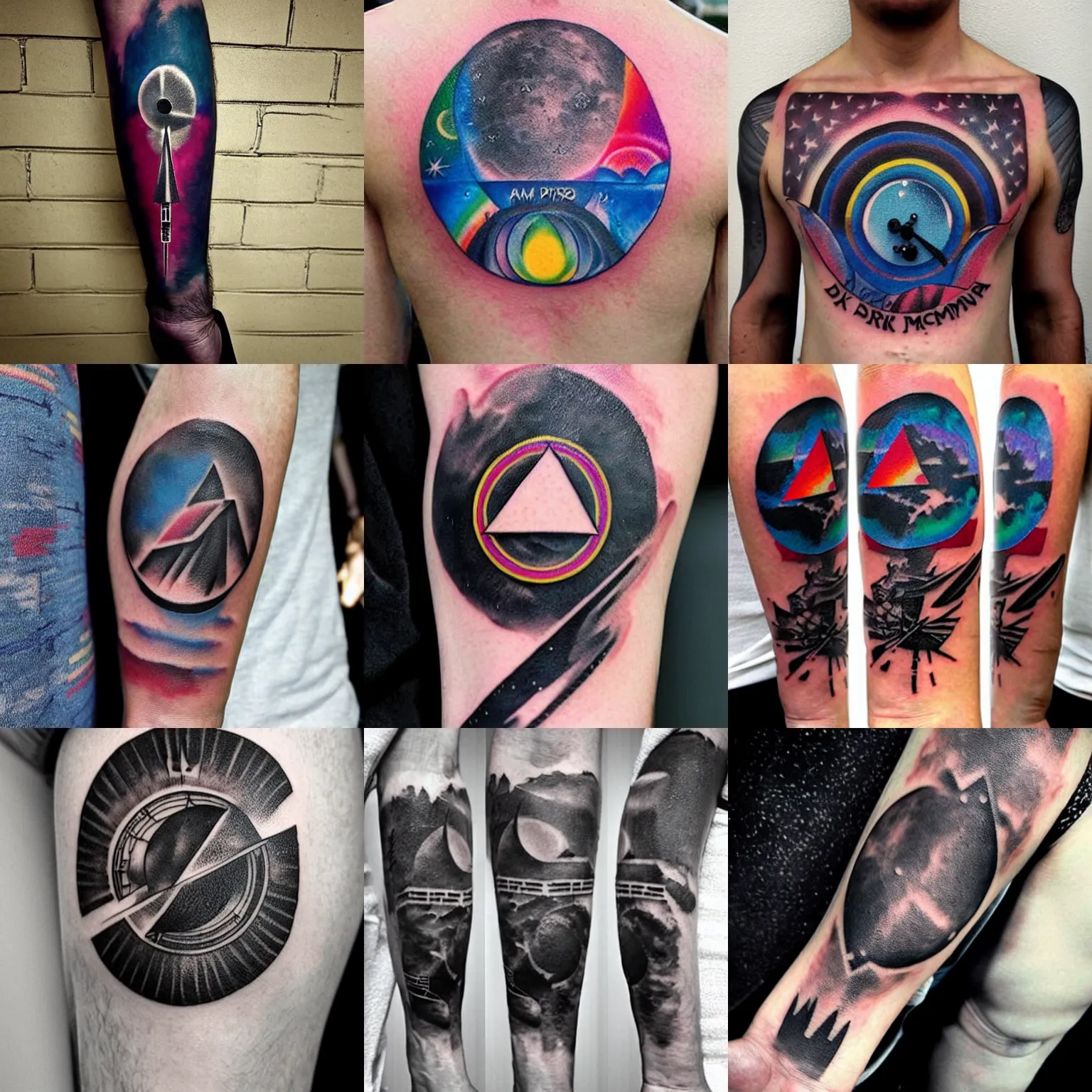 Prompt: arm tattoo of dark side of the moon cover art