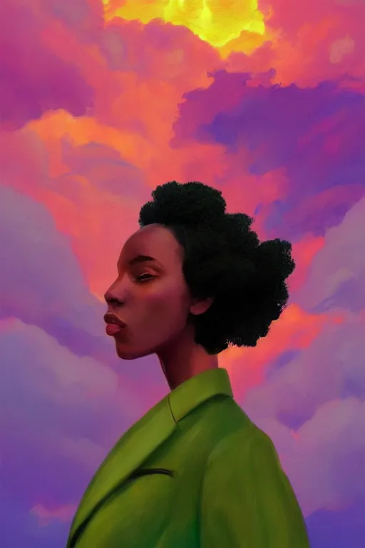 Image similar to portrait, giant flower as head, black woman in suit, surreal photography, golden hour, colorful clouds, impressionist painting, digital painting, artstation, simon stalenhag