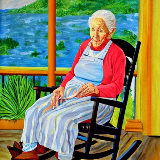 Image similar to painting of an elderly woman sitting in a rocking chair on a porch, appalachian folk art