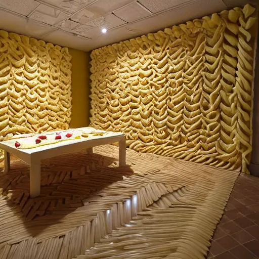 Image similar to a room made entirely of pasta, very detailed