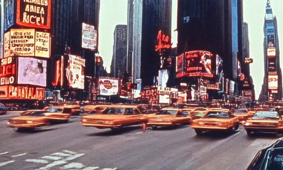 Prompt: A film still from a 1970s movie, new york city, times square, Realism, 4k, 8mm, Grainy, Panavision