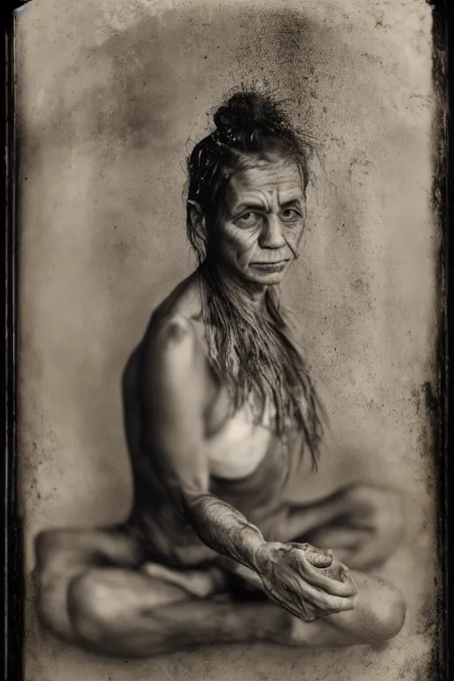 Image similar to a wet plate photo portrait of yoga, highly detailed, 5 0 0 px, sharp focus