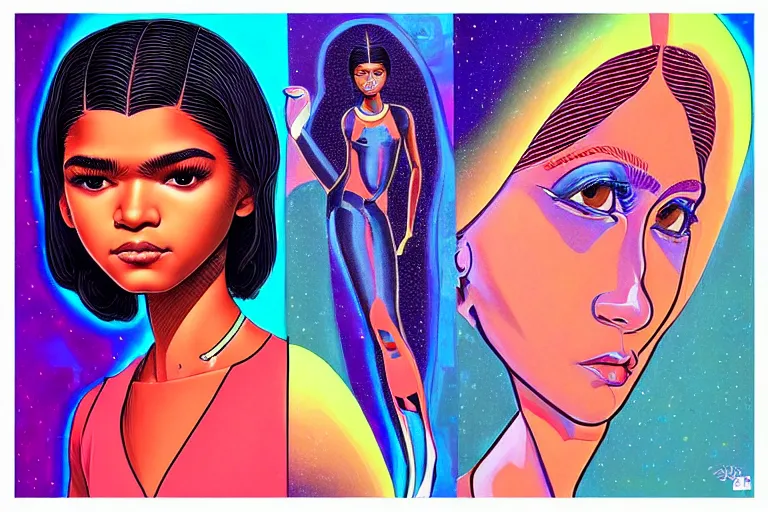 Prompt: patron saint of 🛸🌈👩🏾, zendaya, futuristic clothing, neon god of city character portrait, in the style of margaret keane, moebius, tom bagshaw, and waterhouse, cinematic lighting, beautiful, elegant, copic marker,