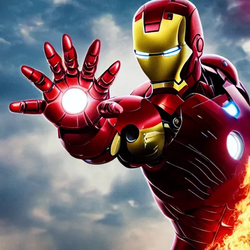 Prompt: iron man, scene from the avengers, explosions, fire, tanks, military, battlefield, war photography