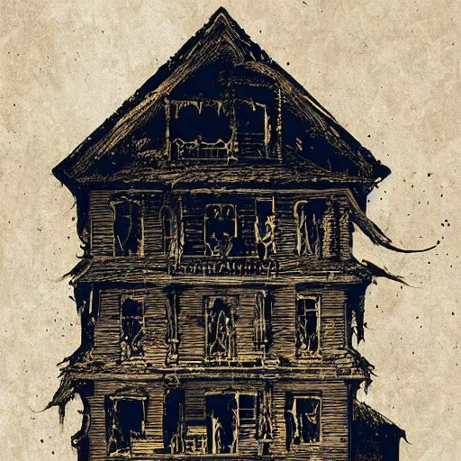 Image similar to ghost in a haunted house woodcut print by greg rutkowski