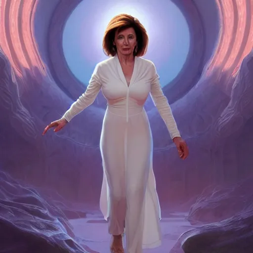 Prompt: Nancy Pelosi is alien princess, white body dress, dramatic, open arms, detailed face, cinematic lighting, intricate, elegant, highly detailed, digital painting, artstation, sharp focus, illustration, art by artgerm and greg rutkowski and alphonse mucha and Wayne Barlowe and william-adolphe bouguereau