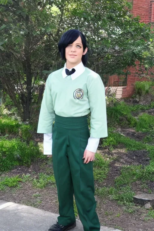 Image similar to a full - length photo of real life toph from avatar wearing a school uniform