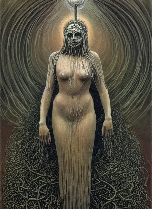 Prompt: full body portrait of marzanna slavic goddess associated with with six arms seasonal rites based on the idea of death and rebirth of nature concept art zdzisław beksinski, full body!! contour light effect!! hd, 4 k, ultra clear detailed : dark color gamma