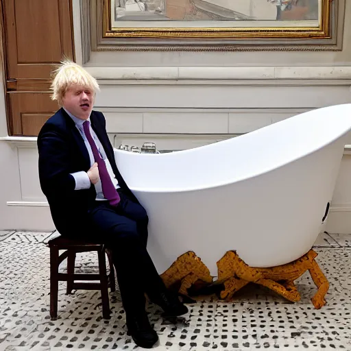 Prompt: Boris Johnson sitting inside a bathtub filled with beans