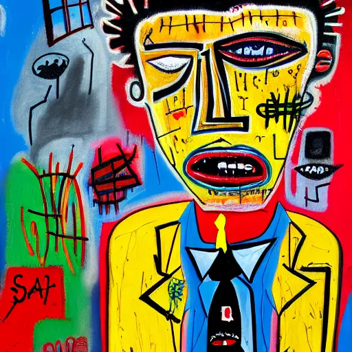 Image similar to detailed abstract neo expressionism chaotic oil painting of sad boy business man depressed with tattoos by basquiat