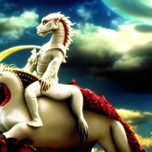 Image similar to Michael Jackson riding on top of Falkor the luck dragon from the film The Neverending Story