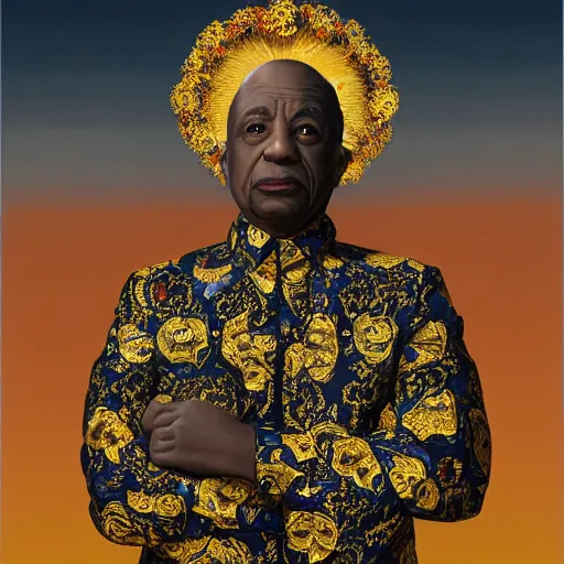 Prompt: a professionally painted portrait of Father Divine , clothed in ancient battle armor, full body, dark skin, dark hair, beautiful bone structure, symmetrical facial features, stunningly beautiful, intricate, elegant, digital painting, smooth, sharp focus, illustration, from Kehinde Wiley and Kara Walker