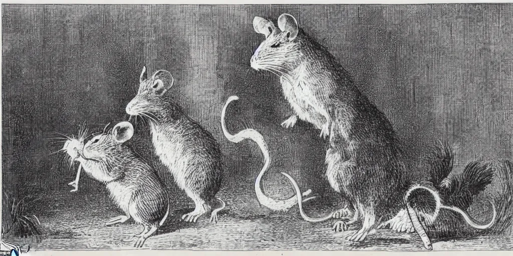 Image similar to third person view of a rat looking at a big cat, alice in wonderland book style, 1 8 9 0 s