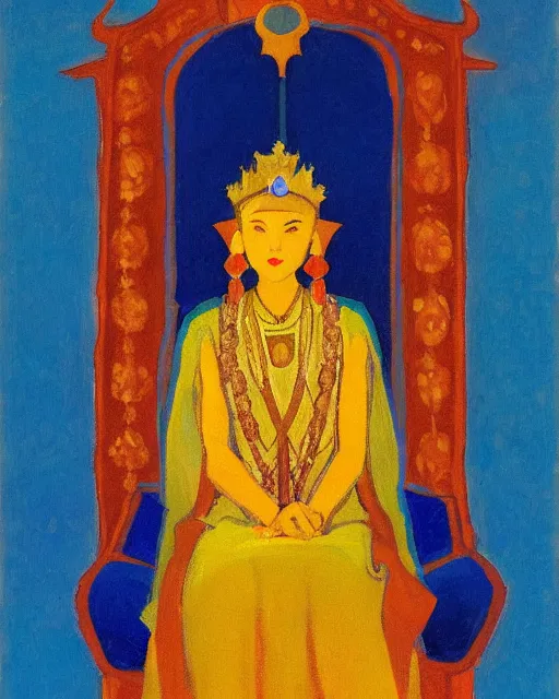 Image similar to an illustration of a queen on a throne at night by nicholas roerich, realistic, detailed, oil painting, 1 9 th