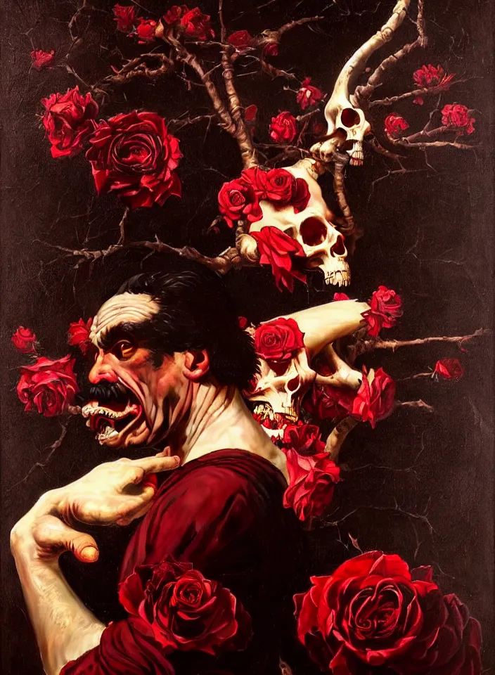 Prompt: A very ugly gangster stands on a liquid boiling red wax from which bones and branches stick out, many birds and roses fly around, a dark background, full height view, wide angle, epic, oil painting in a renaissance style , very detailed, painted by Caravaggio, Greg rutkowski, Sachin Teng, Thomas Kindkade, Alphonse Mucha, Norman Rockwell, Tom Bagshaw.