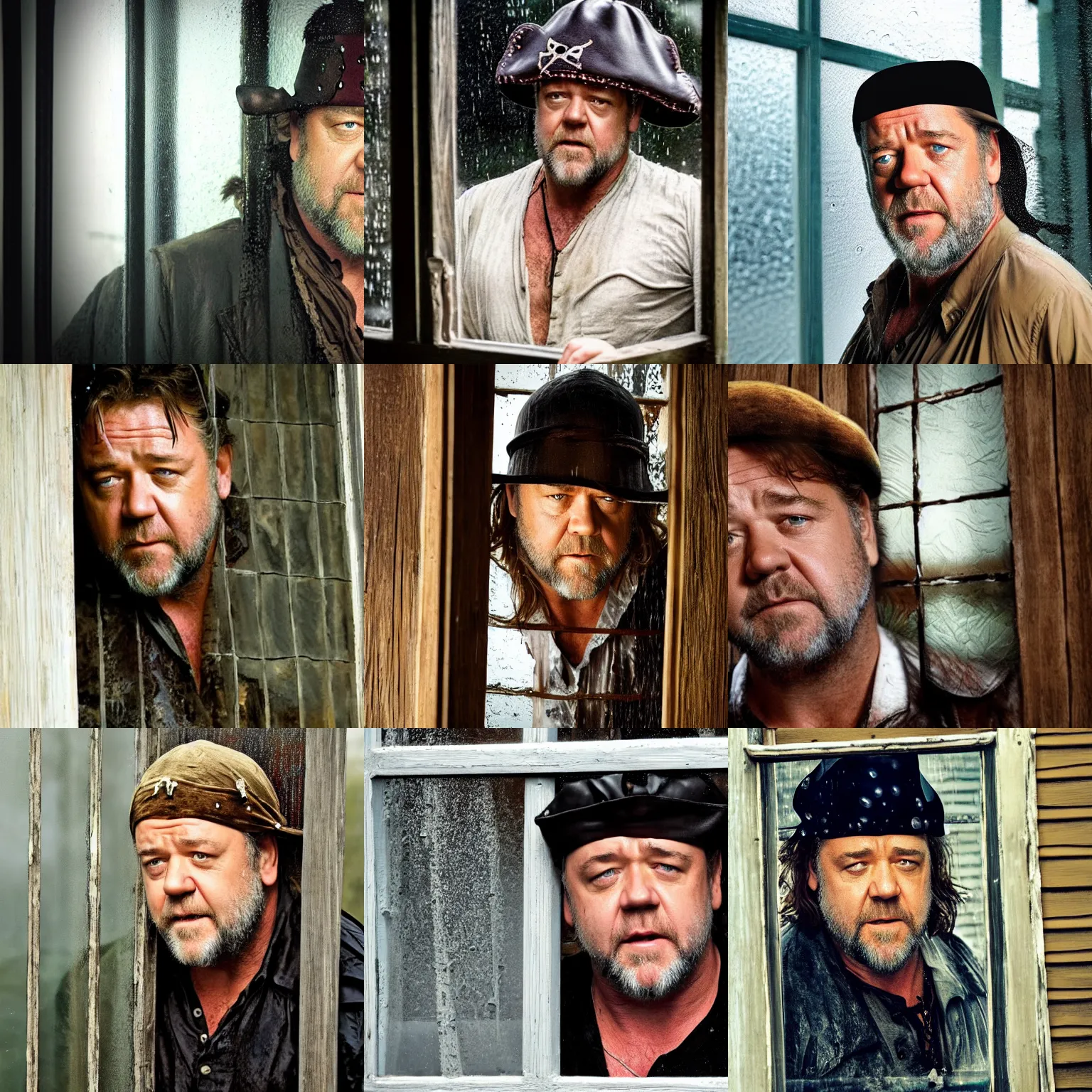 Prompt: russell crowe wearing a too wide silly pirate hat behind a rainy dirty window and wooden wall peering out to the camera