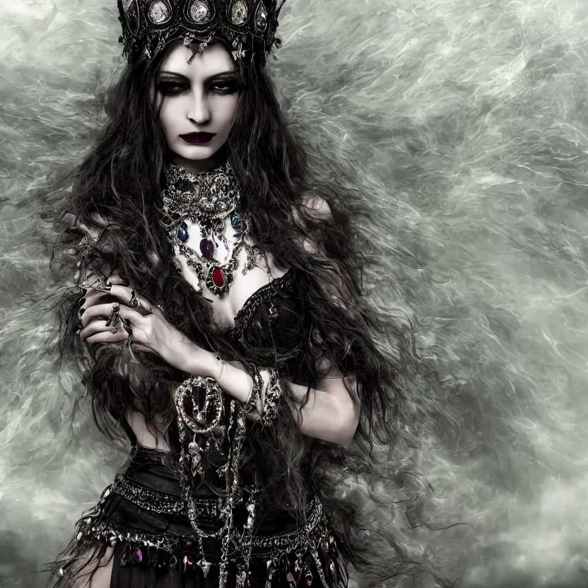 Image similar to stunning Gothic goddess of jewels beauty, dark and mysterious, atmospheric, ominous, eerie, cinematic, Epic, 8k, 4k, ultra detail, ultra realistic, rendered by awesomeness