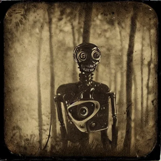 Image similar to “Early 1900s daguerreotype, robot zombie in the forest, hyper realistic, by Steven Rhodes, shallow depth of field, sepia, eerie, macabre, scratches and burns on film, horror, cinematic, photorealistic, highly detailed”