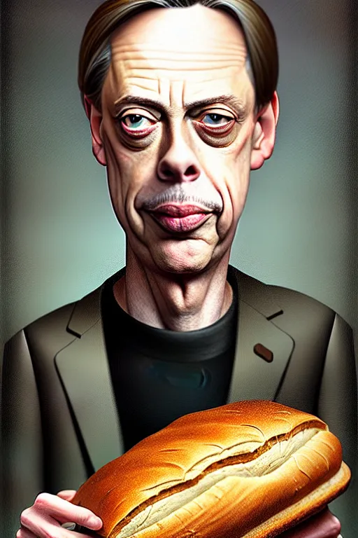 Image similar to beautiful portrait half steve buscemi wearing sourdough bread, by greg rutkowski