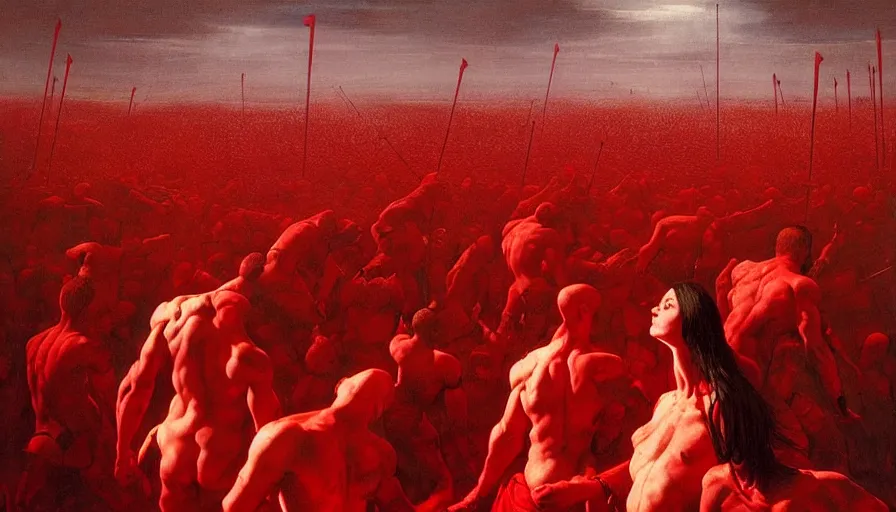 Image similar to only with red, gladiator battle in a crowded roman amphitheatre, crowd cheering, in the style of beksinski and edward hopper and rodcenko and yue minjun and cory loftis, intricate and epic composition, red by caravaggio, highly detailed, masterpiece, red light, artstation, art nouveau