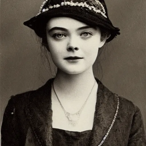 Prompt: Headshot edwardian photograph of Elle Fanning, 1910s, 1900s, 1920s, grainy, victorian, detailed, by Eveleen Myers