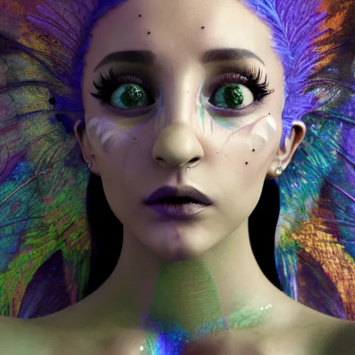 Image similar to Portrait of salvia trip faerie goddess Ariana Grande. Claymation. intricate abstract. intricate artwork. nightmare fuel. by Dave McKean. octane render, trending on artstation, greg rutkowski very coherent symmetrical artwork. cinematic, hyper realism, high detail, octane render, 8k, iridescent accents