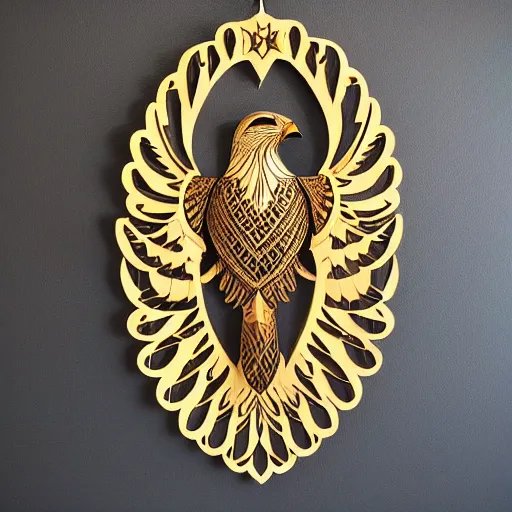 Prompt: gorgeous ornated wooden realistic detailed sacred falcon wall decoration with golden filigree led