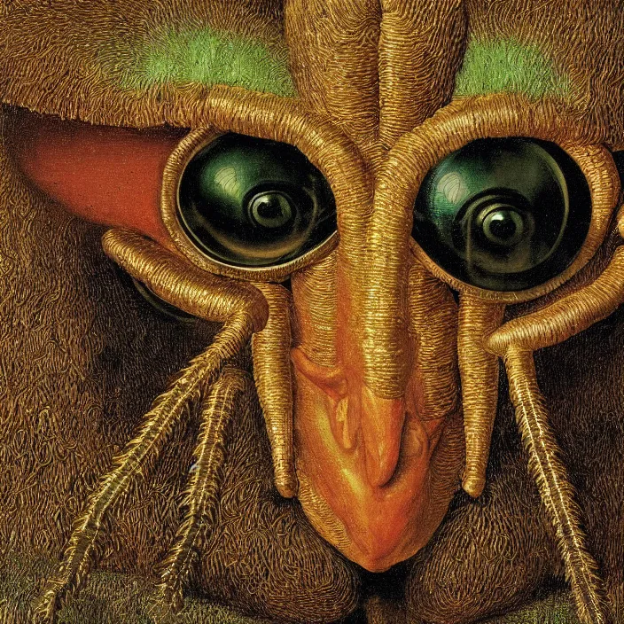 Image similar to close up portrait of a mutant monster creature with facial features resembling a medieval steel helmet, iridescent beetle eyes and antennae. by jan van eyck, audubon