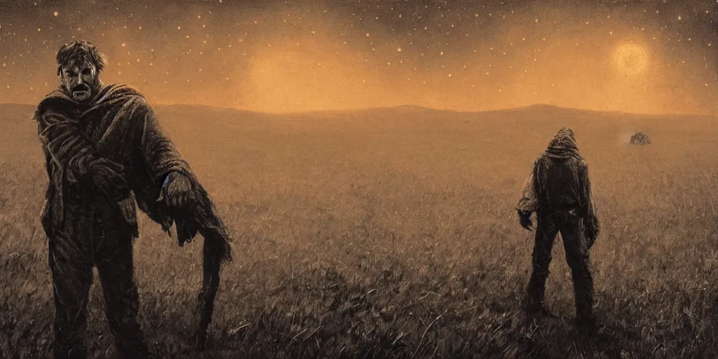 Prompt: rugged bandit ( ( alone ) ) in the old west, handcuffed by shackles at a campfire, cinematic, dark, grim, starry sky, in the style of zdzislaw beksinski