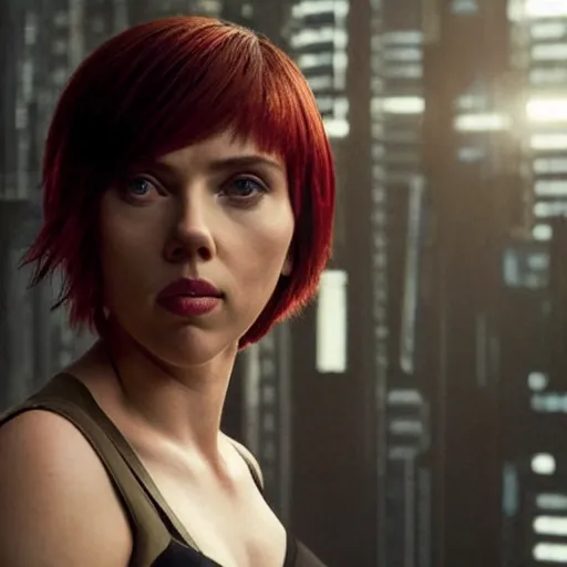 Prompt: a medium - shot of scarlett johansson looking into the distance, beautiful light failling on her face, futuristic a - line bob with bangs hairstyle, in the style of the ghost in the shell, by annie leibowitz