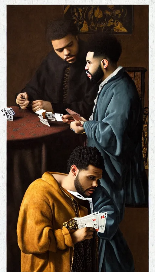 Prompt: the weeknd and drake playing cards by johannes vermeer, brown skin, classical painting, digital painting, romantic, vivid color, oil painting