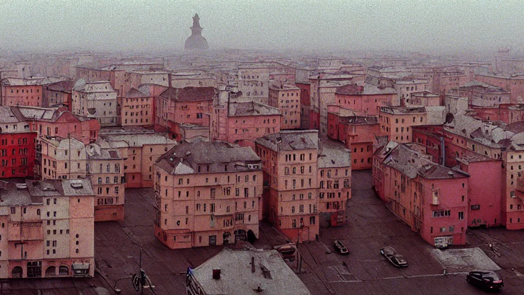 Image similar to the talked about town, film still from the movie directed by Wes Anderson with art direction by Zdzisław Beksiński, wide lens