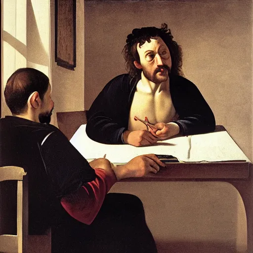 Prompt: man working from home in his pajamas, painting by caravaggio