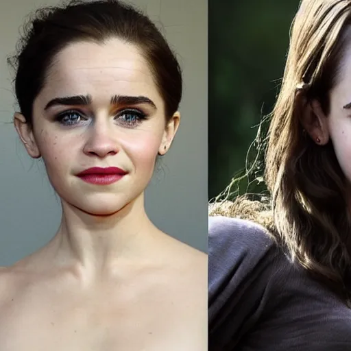 Image similar to a woman who is a genetic combination of emilia clarke and emma watson face and upper - body focus