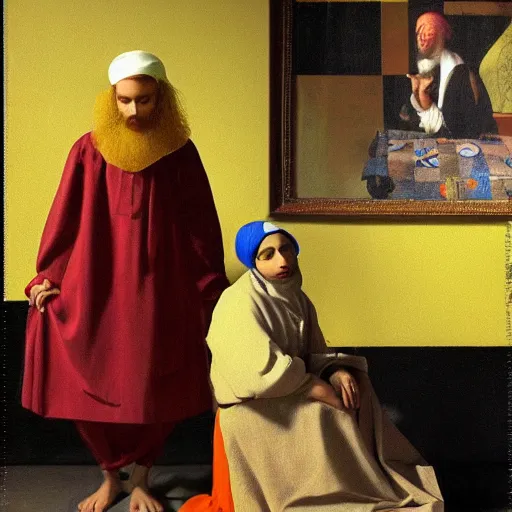 Image similar to Masterpiece Portrait of Muslim Ronald mcdonald, dressed thobe, Ghutra and Egal, style of Johannes Vermeer