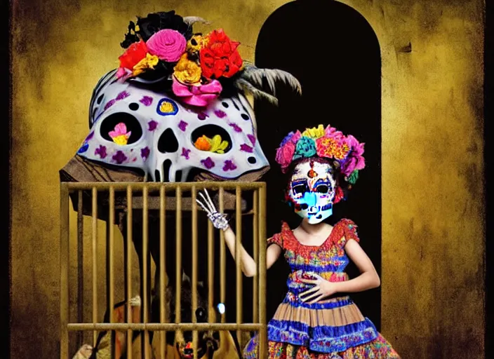 Image similar to a child wearing dia de los muertos costume in a cage, behind bars, whispers secrets to her alejbrie animal spirit. sharpe matte painting, lowbrow, pop surrealism art, neo expressionism, nouveau realisme decollage, contemporary art illustration, oaxacan alebrijes, photography by steven curry