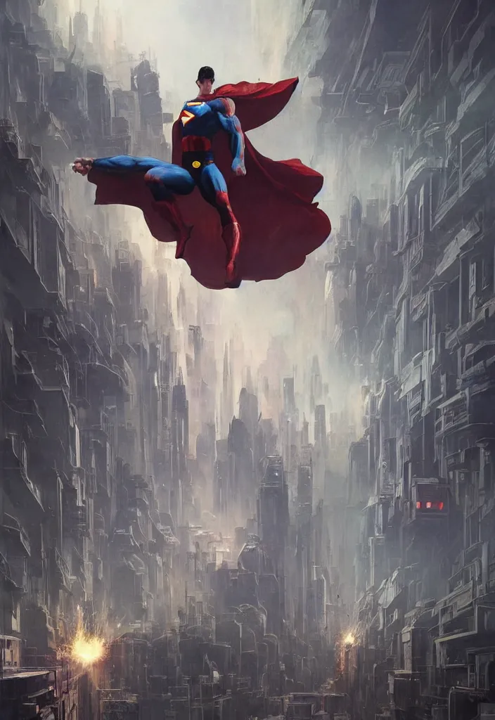 Image similar to a highly detailed epic cinematic concept art CG render digital painting artwork: Evil Superman lasers the city. By Greg Rutkowski, in the style of Francis Bacon and Syd Mead and Norman Rockwell and Beksinski, open ceiling, highly detailed, painted by Francis Bacon and Edward Hopper, painted by James Gilleard, surrealism, airbrush, Ilya Kuvshinov, WLOP, Stanley Artgerm, very coherent, triadic color scheme, art by Takato Yamamoto and James Jean