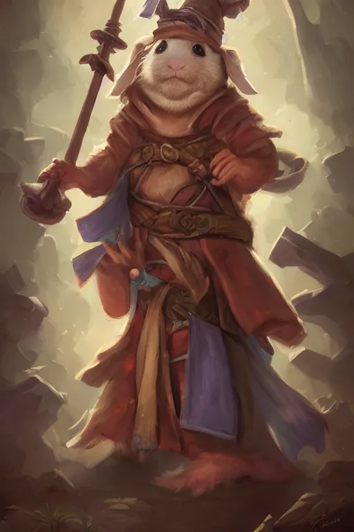 Prompt: cute little anthropomorphic Guinea Pig Mage, wielding a magic staff, tiny, small, short, Wizard robe, cute and adorable, pretty, beautiful, DnD character art portrait, matte fantasy painting, DeviantArt Artstation, by Jason Felix by Steve Argyle by Tyler Jacobson by Peter Mohrbacher, cinematic lighting